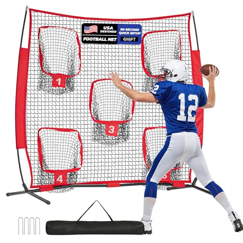 Football Throwing Net 6x6ft Football Nets for Throwing with 5 Target Pockets Football Throwing Target for Quarterback Football Training Equipment with Portable Carry Bag