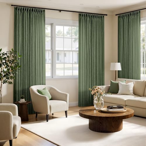 MIULEE Pinch Pleated Olive Green Linen Curtains 108 Inches Long 2 Panels for Bedroom Living Room, Soft Thick Linen Textured Window Drapes Back Tab Hooks Semi Sheer Light Filtering Dark Green Decor by MIULEE - Image 8