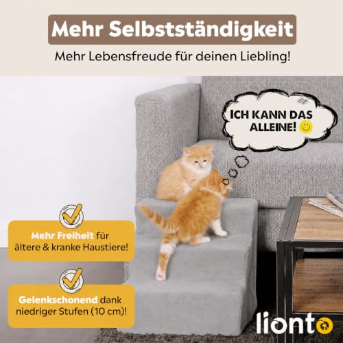 lionto Hundetreppe mit Plüschbezug, bis 50 kg belastbar, 3 Stufen, Hellgrau