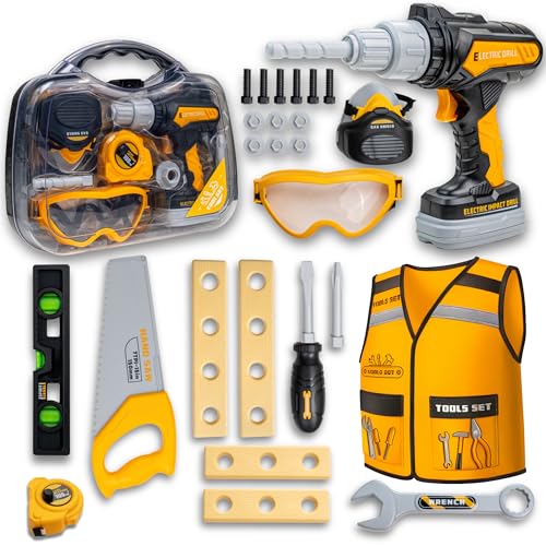 Kids Tool Set with Carrying Case, Electronic Toy Drill with Bits & Construction Vest – Pretend Play Kit with Safety Googles, Gas Shield, Tape Measure, Saw, Bubble Level, Screwdriver, Nuts & Bolts