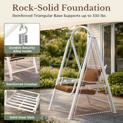 Image of Pamapic Porch Swing with Stand, 350lbs Heavy-Duty Metal Frame Outdoor Swing for Adults with Dual Side Trays, Adjustable Chains, Zippered Removable Cushion for Balcony, Backyard, Garden, White