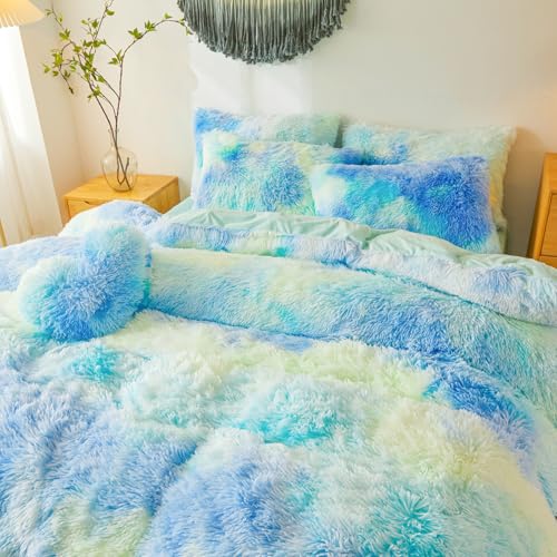Plush Fluffy Tie Dye Mint Green Comforter Cover Twin Set – Faux Fur Plush Tie Dye Mint Green Bedding 2-Piece Set (1 Furry Duvet Cover + 1 Shaggy Pillow Sham) Cozy Bed Set