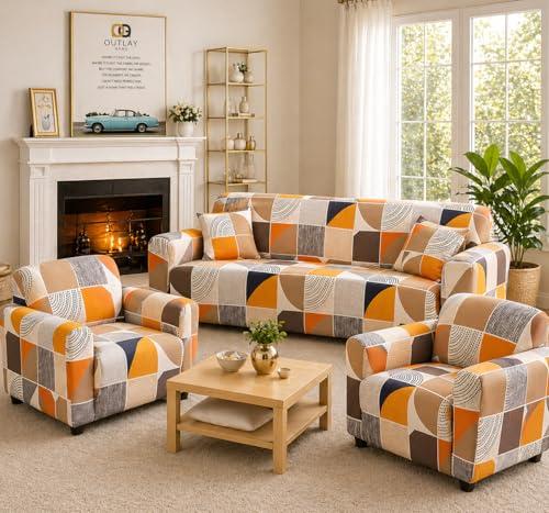 Image of Digital Print Sofa Cover Fully Covered 5 Seater Sofa Cover Non-Slip Sticky Elastic Stretchable Sofa Set Slipcover, 5 Seater (3+1+1) (Multicolor)