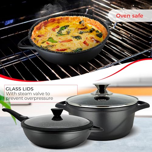 briebe Induction Cookware Set 10 Pieces, 3 Cast Aluminium Casseroles Dish + 2 Frying Pans, Non-Stick ILAG Granitec PFOA-Free, Set of Pots and Lids Glass, Silicone Gloves, Ceramic Hob, Gas, Oven - Image 6
