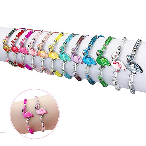Elesa Miracle 12pc Women Girl Flamingo Woven Friendship Crystal Bead Bracelet Value Set Kids Party Favor Adjustable Bracelet