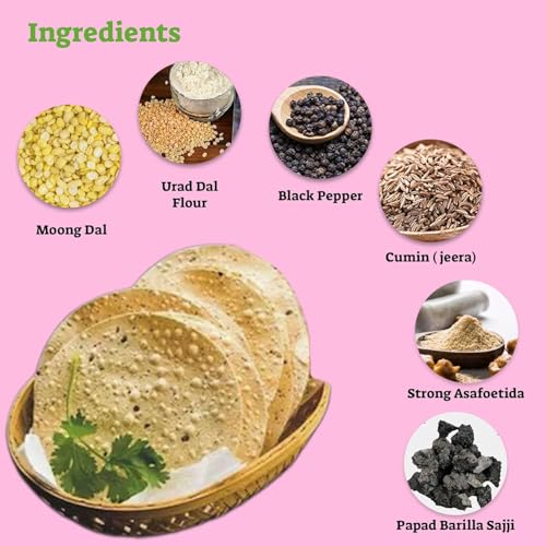 Image of Marwar Rajasthani Moong Dal Plain Papad 1600g (Pack Of 4 400g Each) | Low Spicy Handmade Sada Pappadam | Zipper Pack Appadam | Size: 7Inch, Contains 28-30 Papads in one Pouch | Perfect Snack or Meal Side