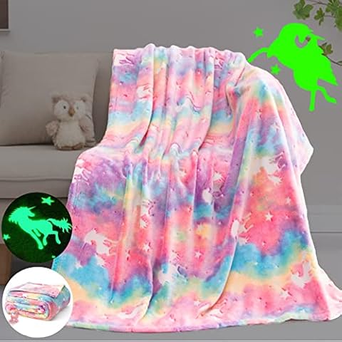 Glow in The Dark Personalized Unicorn Blanket for Girls, Kids Toddler Toys Birthday 1 2 3 4 5 6 7 8 Year Old Gifts Blanket Rainbow Lightweight Boys Soft Fleece Throw Blankets Pink 60x50 Cover