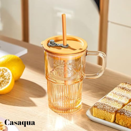 Image of Iridescent Glass Tumbler with Handle Lid and Straw - 400ML, Set of 1, Travel Coffee Sipper Mug Leakproof for Juice Cocktail Iced Tea Smoothie Hot Cold Drink Cup (Receiving Random Color)