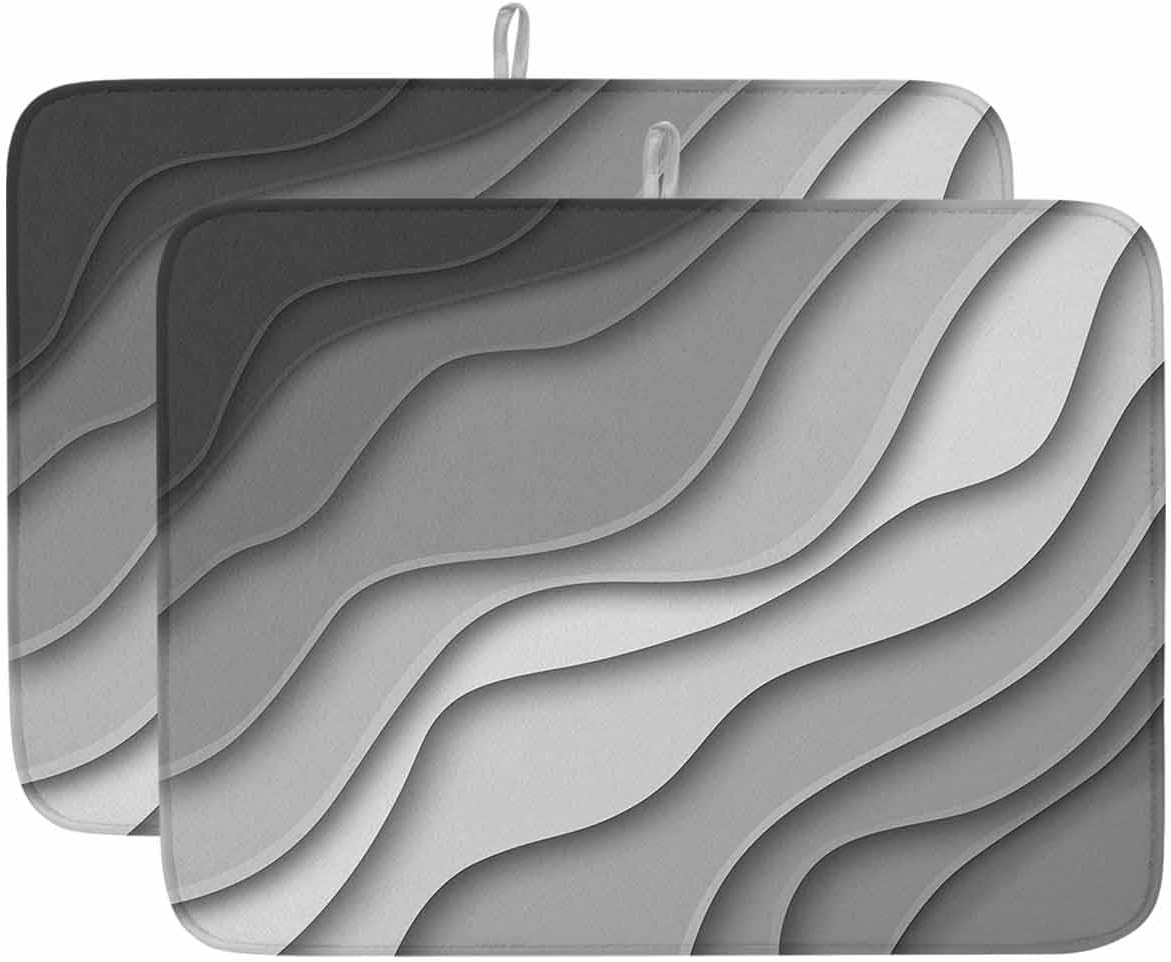 Dish Drying Mat for Kitchen Counter,Black Grey Ombre Gradient Water Ripple Absorbent Microfiber Drainer Rack Pad Abstract Lines Modern Art Quick Dry Mat for Sinks Dishes Utensils 18x24in,2 Pack
