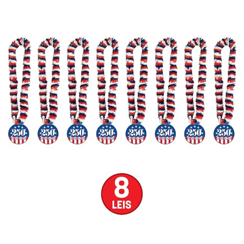 Beistle Semiquincentennial Soft-Twist Poly Leis with Medallions – 8 Pack, Red White & Blue Patriotic Necklaces with 250 and 1776-2026 Pendants, USA Accessories for Parades, Parties & Celebrations, 36” by Beistle - Used condition - Image 4