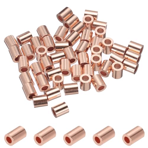 PATIKIL 2,5mm (3/32) Manicotti Arresto per Fune Metallico, 50 Pezzi Estremità del Manicotto ad Anello Crimpatura Rame Ghiera Crimpatrice per Cavi Metallici, Tono Oro