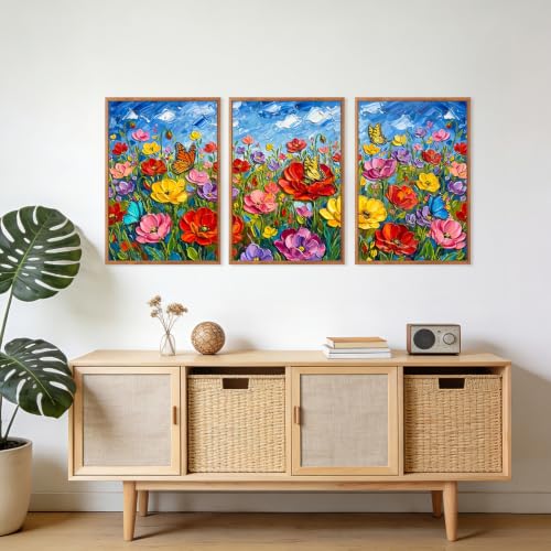 Image of CHDITB 3D Textured Poppy Floral Wall Art,Butterfly Wildflower Country Decor
