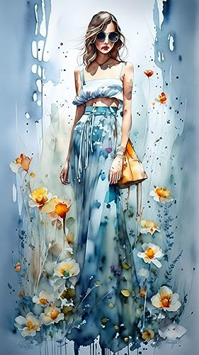 Affiches sur toile de style aquarelle et encre art mural de fille aux lunettes 58x90cm