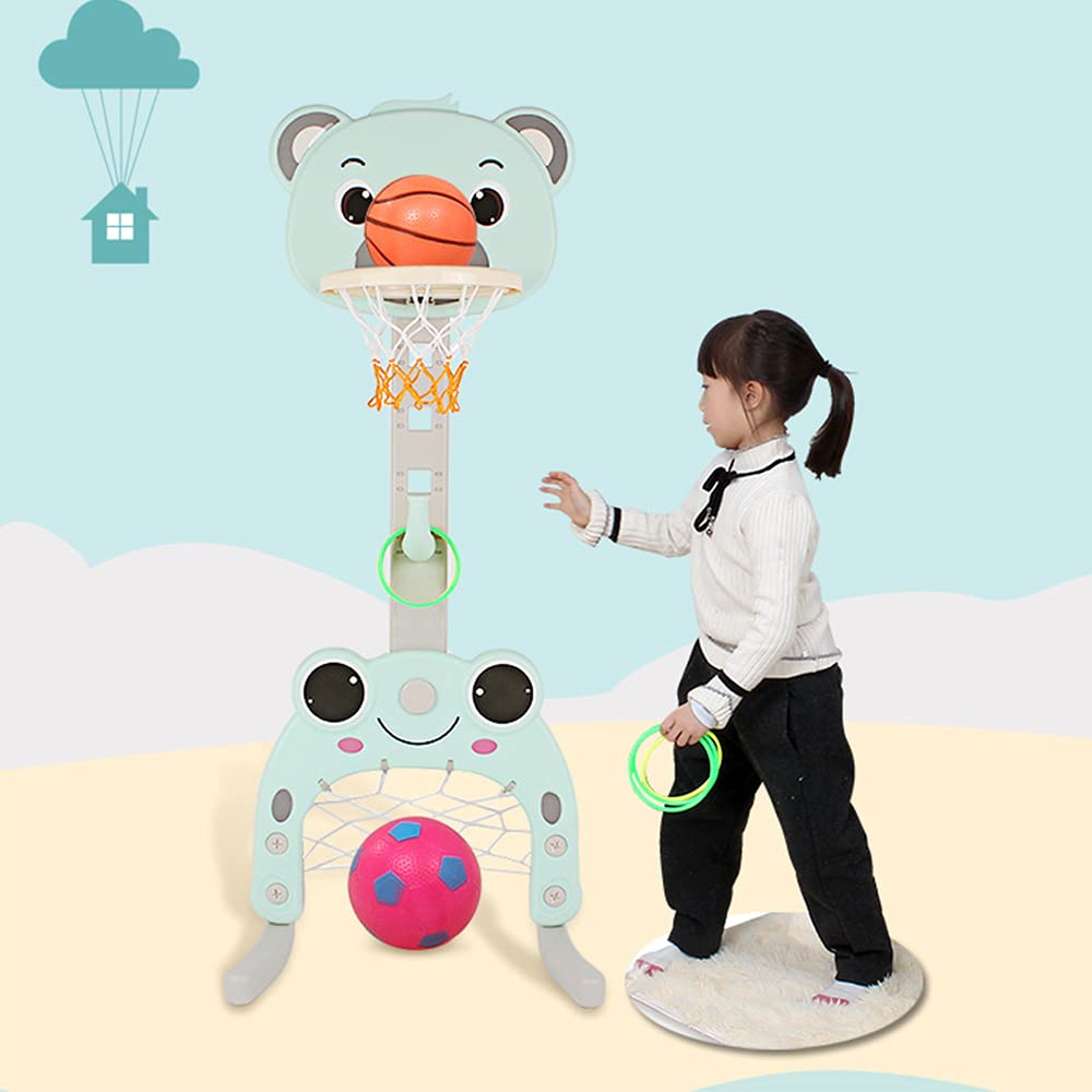 MUL-BUTIQUE Cesta de baloncesto y objetivo de fútbol 3 en 1 para niños, soporte para juegos de anillos, 57 x 49 x 150 cm, soporte de juego ajustable, forma de oso verde)