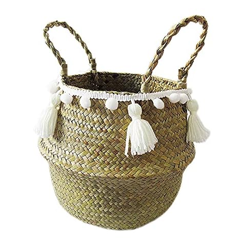 DDSFDS Seagrass Belly Basket With White Tassel, Foldable Laundry Basket Wicker Woven Fruit Storage Organizer Plant Flower Pot Cover With Handle For Indoor Outdoor (Color : B, Size : 20X22CM) Cover
