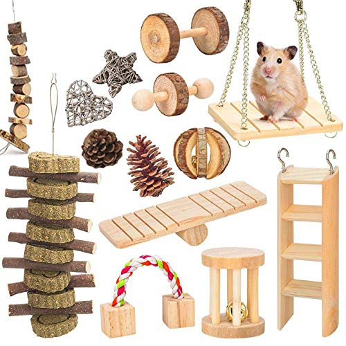 SHEANAON 14 Stück Hamster-Kauspielzeug, Meerschweinchen-Rennmaus-Ratten-Übungsspielzeug, Premium-Naturholzspielzeug für Hamsterkaninchen-Chinchillas-Vögel, lustiges Spielzeug für kleine Haustiere Cover