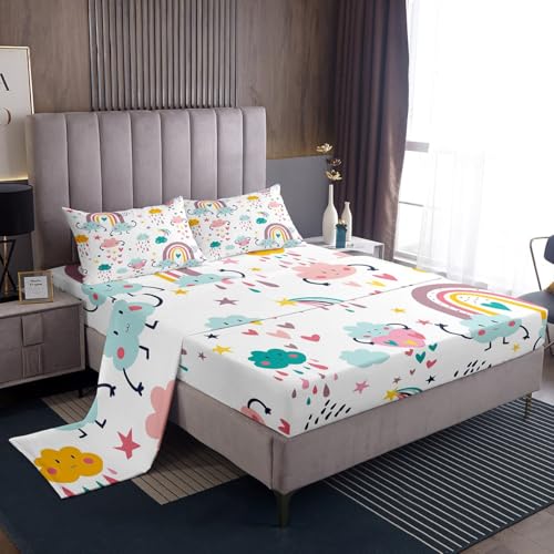Girls Bedding Sets Rainbow Sheet Set King Size,Sun and Stars Bed Sheets Set Cartoon Clond Sheets Cute Rainbow Sketch Hand Drawn Flat Fitted Sheet Pink Kawaii Room Decor, Green Yellow Top Sheet
