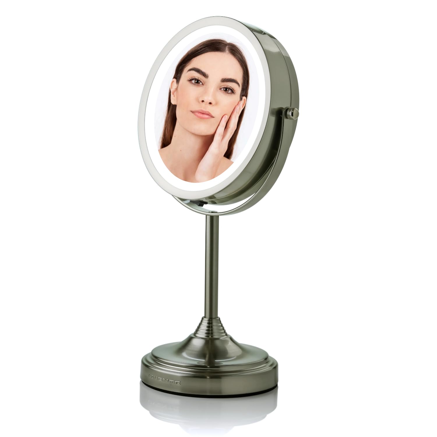 OVENTE 7'' Lighted Makeup Mirror with 1X/7X Magnification, Cordless Tabletop Mount Vanity Mirror with 360° Swivel Design & Double Sided Glow Cosmetic