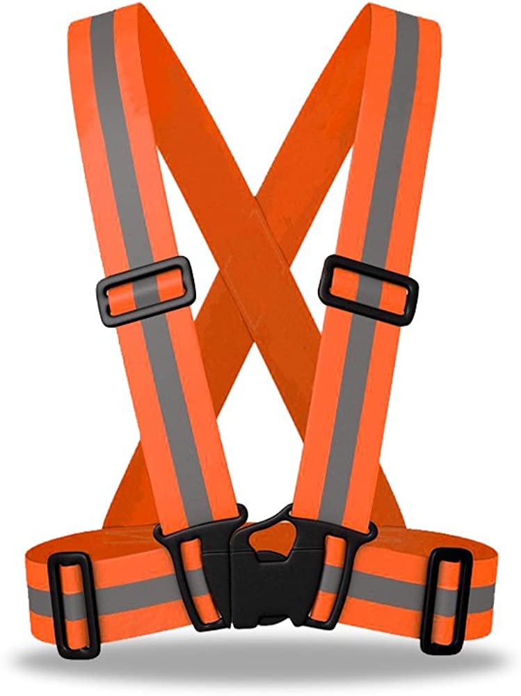 Just In Trend Premium Elastic Flex fit High Visibility Hi Vis Fluorescent Safety Vest/Belt/Suspender, Orange / Silver, Flex size