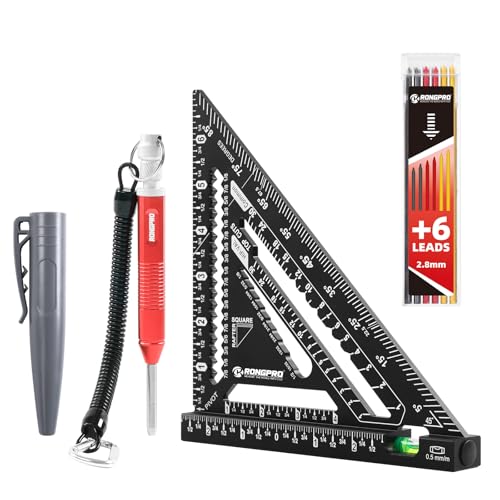 7inch Rafter Square with Level Vial Heavy Duty Multi-Purpose Aluminum Triangle Ruler with Carpenter Pencil for Woodworking and Home DIY