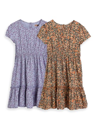 Image of Amazon Brand - Symbol Girl's Rayon Fit and Flare Kids Knee Length Printed Casual Dress (KD-DRG-SS25-123 Orange + Lavender 6-8 Years)