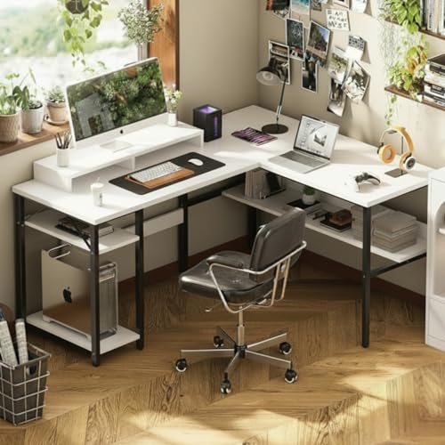 Image of TEKAVO Daino Computer Table for Home pc with CPU Storage | L Shape Office Table for Work | Corner Table with bottm Shelf | Workstation Table for Home | White Color