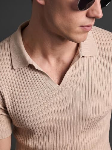 Image of Veirdo Men's Rib Knit Polo T-Shirt in Cotton Fabric, Classic Collar with Modern Fit, Stylish for Casual Wear, Available in Sizes S to 2XL