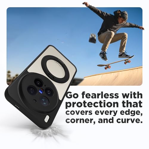 Image of RIGGEAR Shockproof Sleek Hybrid Armor 360 Rotating Magnetic Ring Stand Back Cover Case Compatible with MagSafe Accessories for Vivo X300 Pro (Clear PC + Black TPU Bumper)