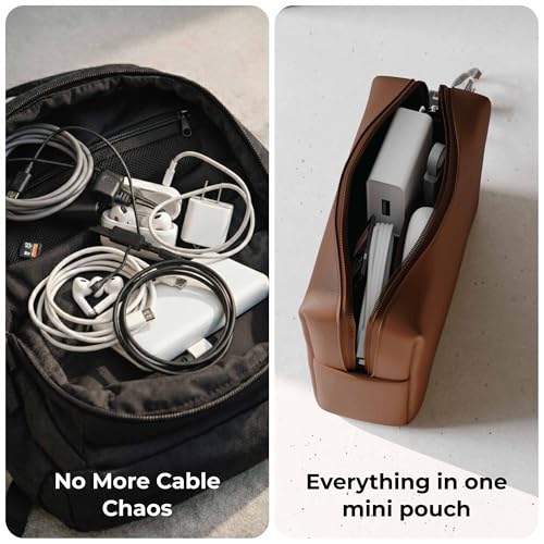 Image of eo Travel Organizer Pouch | Toiletry Pouch for Men & Women | Mini Cable Organiser Bag for Travel, Tech, Charger & Laptop Cable Pouches with Carabiner, Super Smooth Zipper (Brown)
