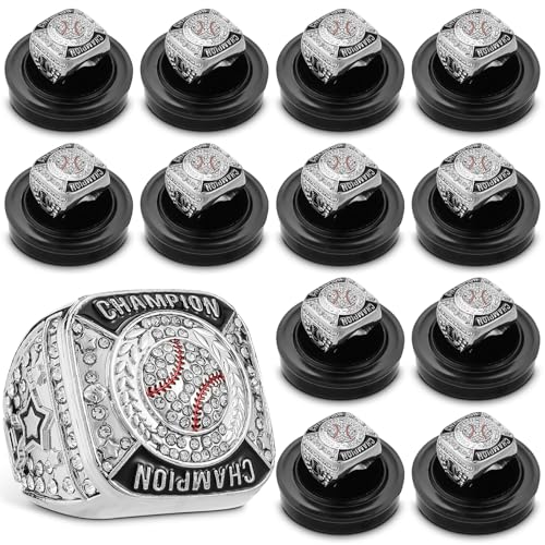 Landical 12 Pcs Silver Baseball Championship Rings Ball Games Championship Trophy Rings Sport Ball Award Gift with Display Neck Chain and Stand for Tournament or League Champion Winner
