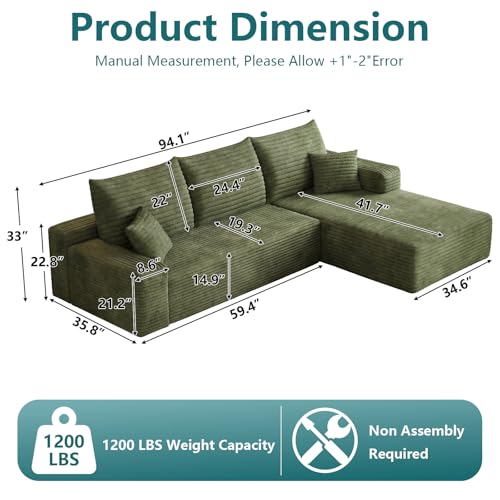 Image of 95 inch Modular Sectional Couch, Boneless L Shaped Cloud Sofa with Chaise Lounge, Corduroy Upholstered Couches Memory Foam Deep Seat, No Assembly Required, Ideal for Living Room(Green, Right Facing)