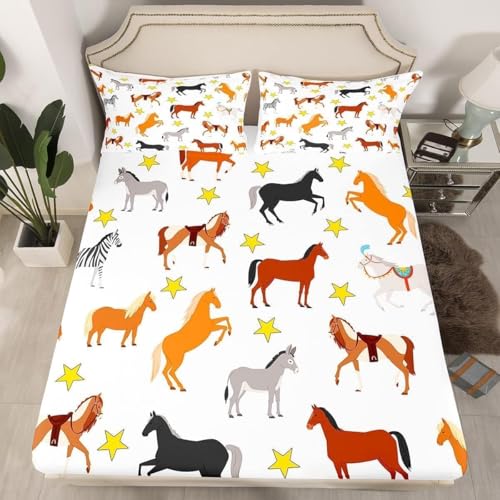 TACOKI Sabanas Bajeras 150x190 Caballo Sábanas Bajeras Caballo Animal Ajustable Suave y Cómoda Sabana Bolsillo Profundo 30 cm, para Grueso Colchón, Sabanas Cama 150 c8313