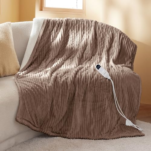 Bedsure GentleSoft Heated Blanket Throw - Soft Ribbed Flannel Electric Blanket, Heating with 4 Time Settings, 6 Heat Settings, and 3 hrs Timer Auto Shut Off, Gifts for Grandma (50x60 inches, Brown)