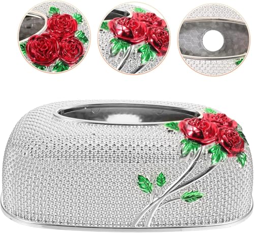 Image of Luxury Golden Tissue Box Cover with Red Rose Design Decorative Rhinestone Napkin Holder for Home Office Bathroom Car Elegant Gifting Idea for Weddings, Housewarmings (Silver)