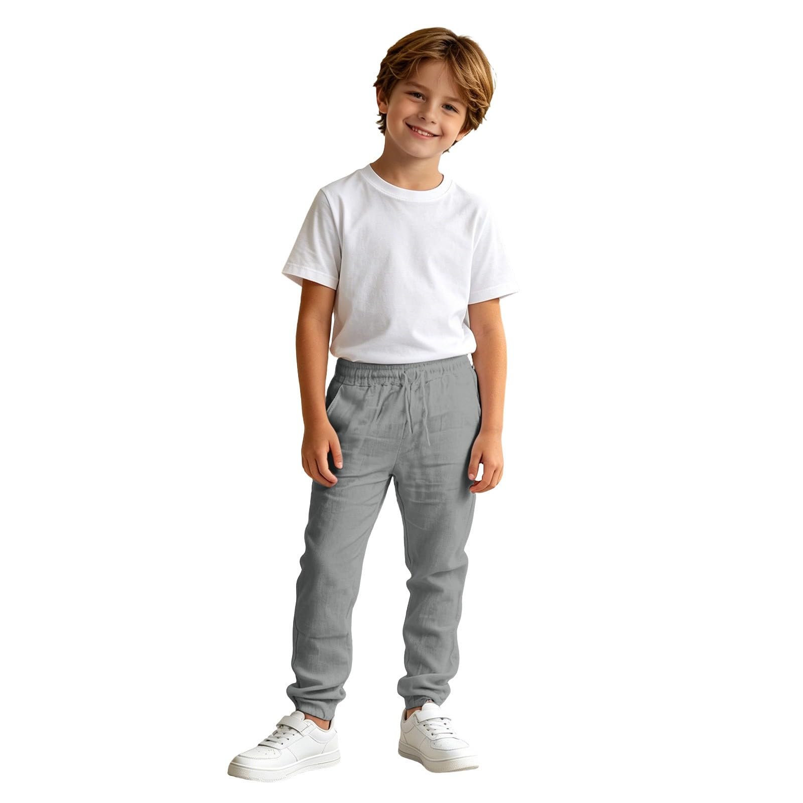 Pantalon Lin Enfant Garçon Décontractés de Plage Léger Été Sport Casual Respirant avec Cordon Taille Elastique Pantalons Large avec Poches pour D'été Activités Quotidiennes 2026