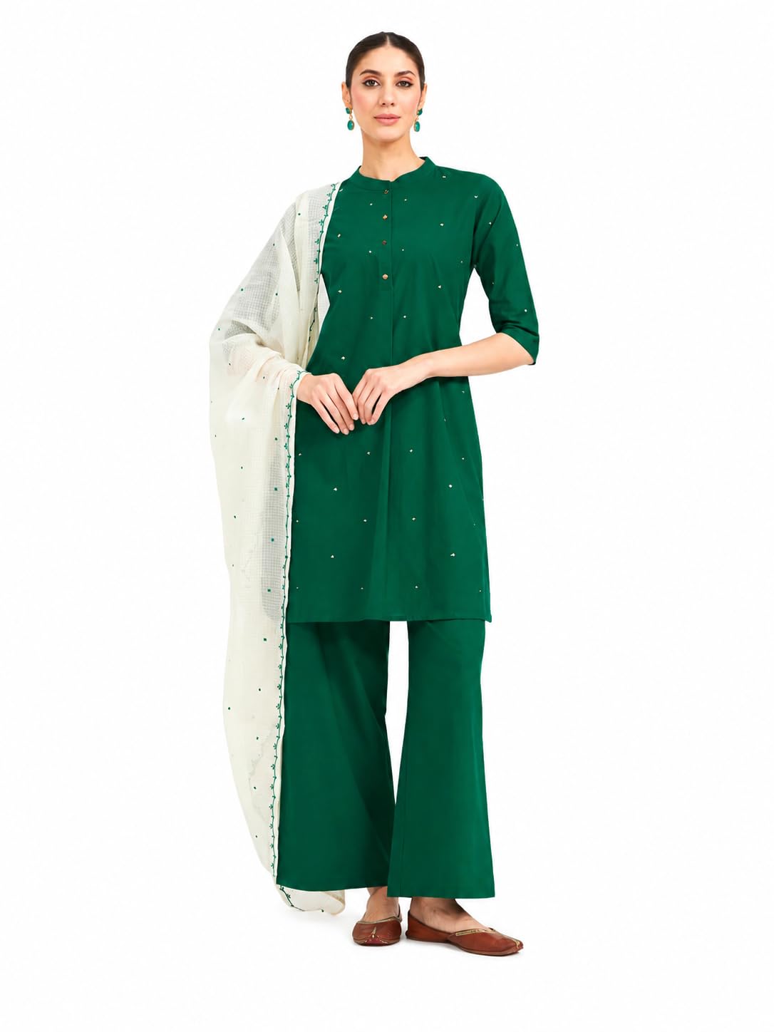 fiorra Women Green Embroidered Cotton Kurta Set with Dupatta-picture-9