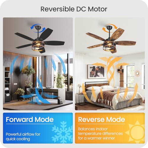 Image of 42 Inch Farmhouse Ceiling Fan with Lights and Remote, Timer, Dual Finish 5 Blades (Rustic Brown and Black), 6 Speeds, Reversible DC Motor, Rustic Brown Caged Ceiling Fan for Bedroom B04CF4205