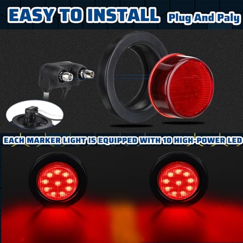Image of Treela 16 Pcs 2 Inch LED Trailer Marker Lights, 10 LED Round Side Clearance Lamps with Rubber Flush Mount Grommet and 2 Prong Wire Pigtails, 12v Waterproof for Rv Truck Semi Trailer(Red)