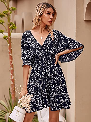 Image of Floerns Women's Tropical Floral Plunging V Neck Tie Open Back Summer Short Dress