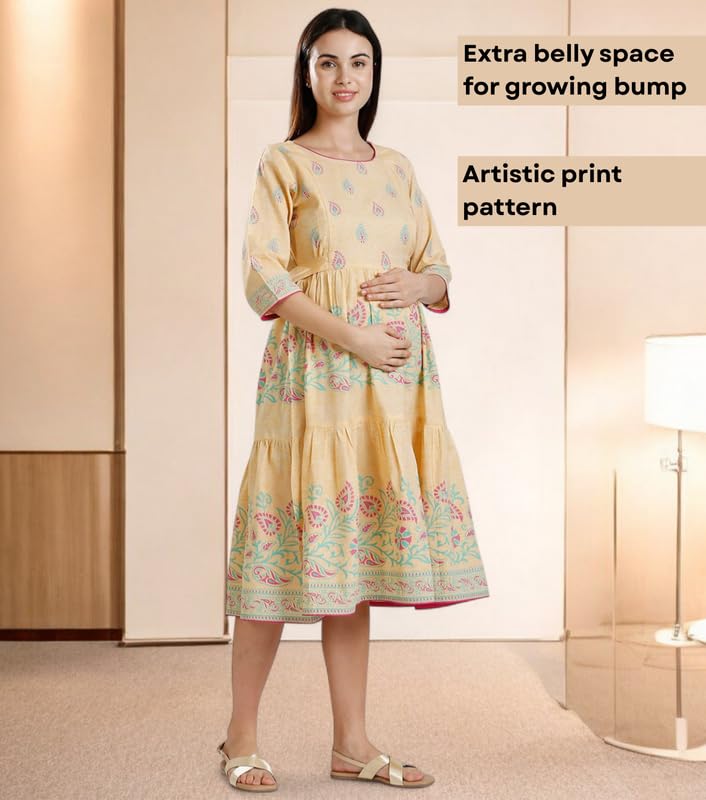 Image of DUMMY SHAPE Maternity Dresses for Women Cotton | Rayon Printed Feeding Anarkali Kurta with Dual Nursing Zipper Access During Pre & Post Pregnancy | Baby Shower Gifts for Mom to Be