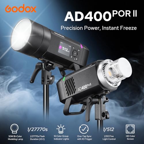 Image of Godox AD400PROII Profession Studio Flash Light with Godox&Bowens Mount GN72 400Ws 2.4G TTL HHS 1 /8000S 5600K±200K 21.6V /2600mAh 0.01-1s Recycle Time 30W Modeling lamp for Portrait /Product Photography