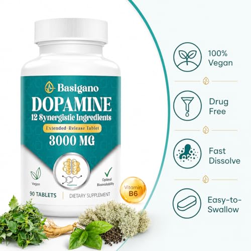 Basigano Dopamine Supplement for Women & Men with Ashwagandha, L-Theanine & Magnesium, Vegan Extended-Release 90 Tablets, Pack of 2 — view 5