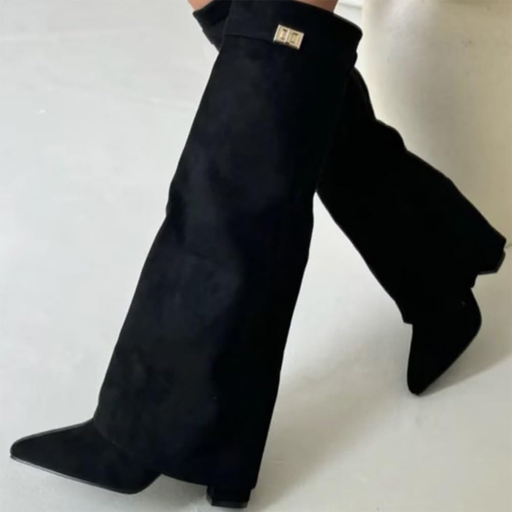 Stiefel Damen Fold Over Boots Spitzer Zehenbereich Plateauabsatz Langschaft Knee High Boots Winter Warme Stiefeletten
