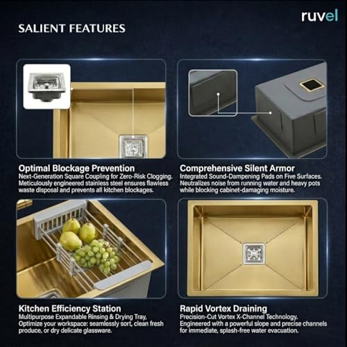 Image of RUVEL Kitchen Sink 24 inchx18 inchx9 inch | Premium Handmade 304 Grade Stainless Steel Single Bowl | Heavy Duty, Rust & Scratch Resistant | Includes Waste Coupling, Drain Rack & Hose Pipes | Gold - Matt Finish
