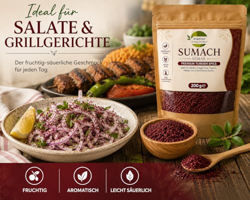 Sumachgewürz, Sumachpulver, gemahlener Sumach, Essigbaumgewürz, leicht getrocknet und gemahlen, veganes Gewürz (200 g)