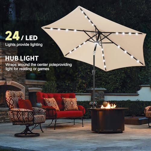 Image of 10FT Solar Patio Umbrella - Outdoor Umbrella with Centre Surround Light 24 LED Lights, Market Table Umbrella with Tilt for Pool, Porch, Garden, Deck, Backyard UV Protection (Beige)
