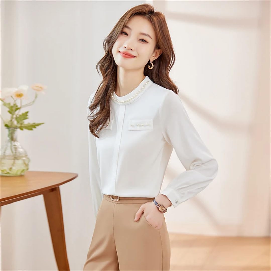 Blusas bordadas de gasa con cuello alto para mujer, para oficina, trabajo