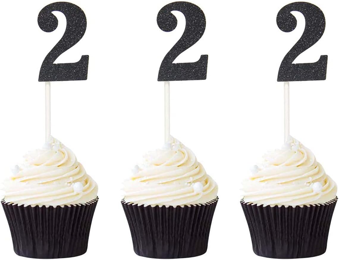 24Pcs Glitter Black Number 2 Cupcake Toppers Two Cupcake Picks for 2nd Birthday Party Decorations Baby Boys Girls Black 2nd Anniversary Cupcake Decorations
