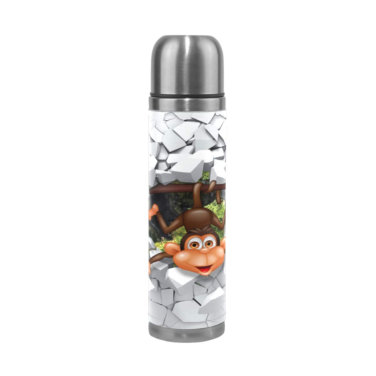 Taza de viaje aislada al vacío de acero inoxidable con doble pared a prueba de fugas, divertido diseño de mono en 3D personalizado impreso en piel auténtica, termo de 500 ml