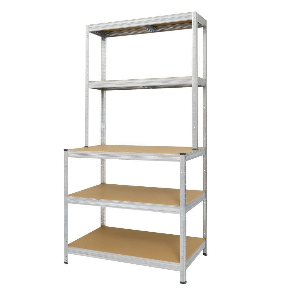 Steinbock Werkbankregal - HxBxT 195 x 100 x 60 cm - verzinkt - 1.200 kg Tragkraft - Steckregal mit 5 Böden - 300 kg Fachlast unten - 150 kg Fachlast Oben - Schwerlastregal mit Werkbank